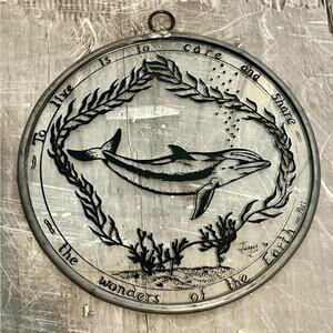 Vintage artist signed stained glass dolphin suncatcher